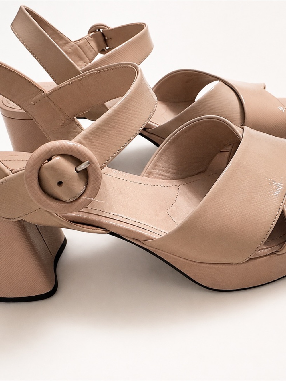 Prada Women’s Nude Block Heel Sandals with Buckle Strap